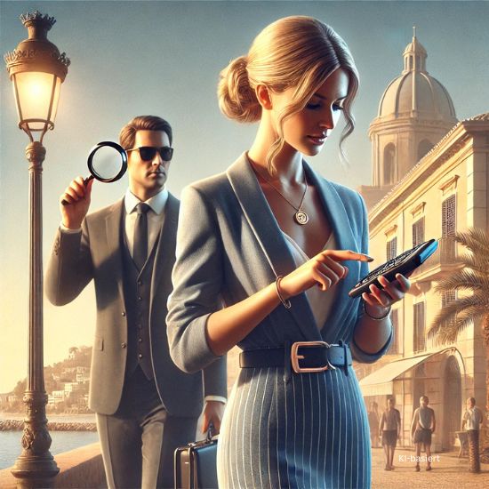 KI-Illustration Geschäftsfrau tätigt Bizum-Überweisung und ein Vertreter des Finanzamtes schaut mit der Lupe dabei zu