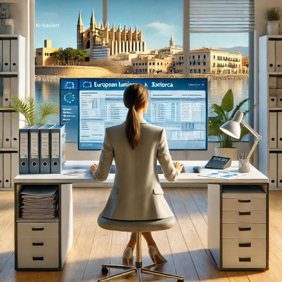 Illustration eine Steuerberater sitz an ihrem Schreibtisch mit Blick auf die Kathedrale von Palma und bearbeitet Steuererklärungen