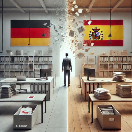KI-Illustration: gespaltenes Bidl zwischen Deutschland und Spanien